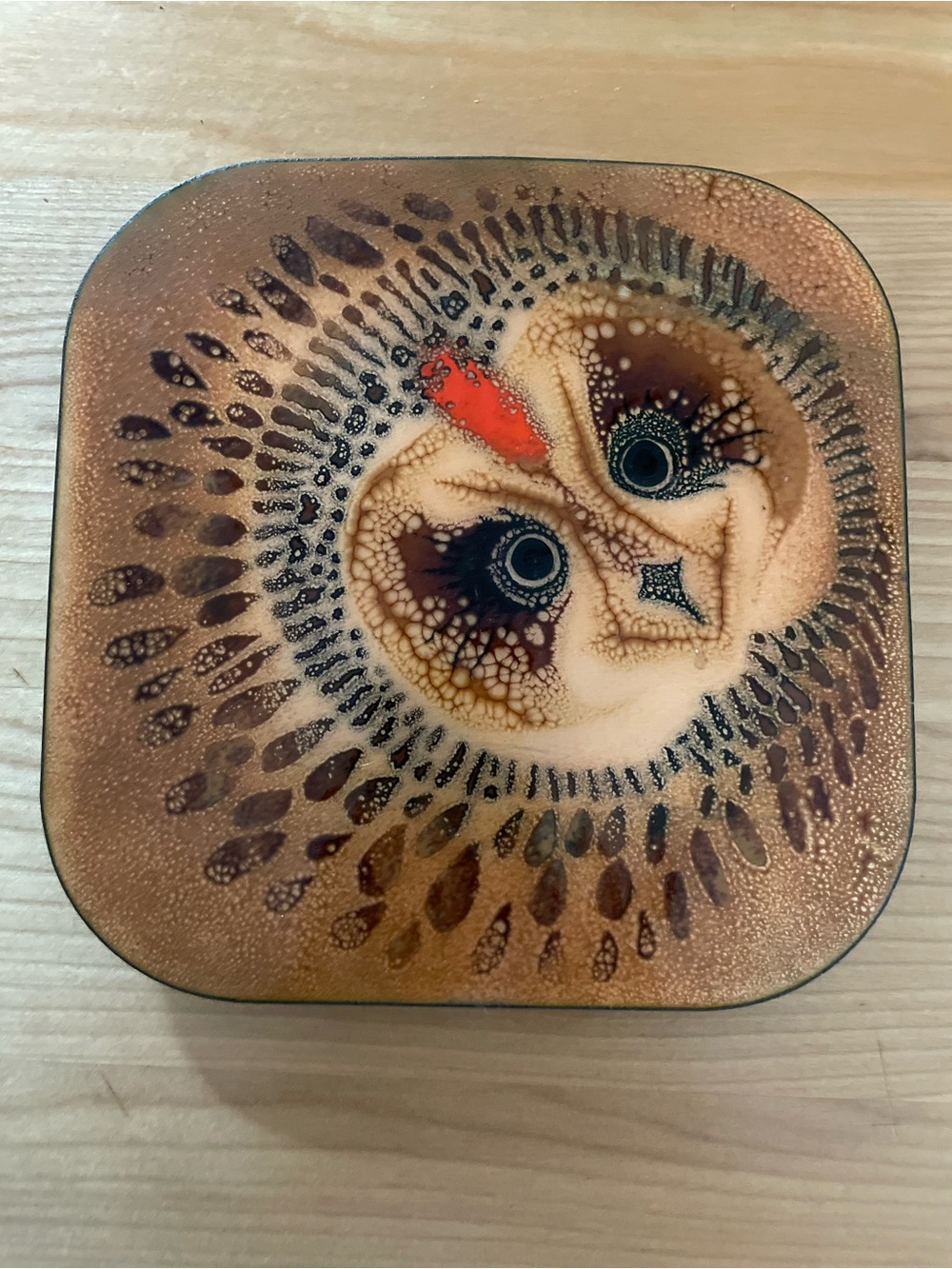 Handcrafted Owl Enamel on Copper Art work by Eren- Brown and Cream